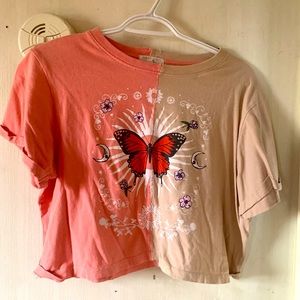 Pink And Tan ButterFly Cropped Shirt